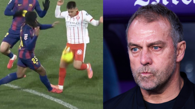 Barcelona complains about a foul on Koundé right before Girona's goal: "You all saw this it", says Hansi Flick