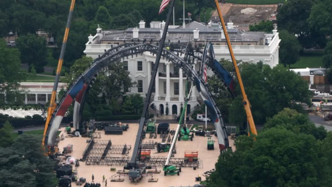 Construction begins on the UFC fighting cage in front of the White House