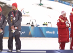German skiers turn their backs to the Russian in a Winter Paralympics podium
