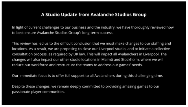 Avalanche Studios shuts down Liverpool office, cuts staff in Sweden
